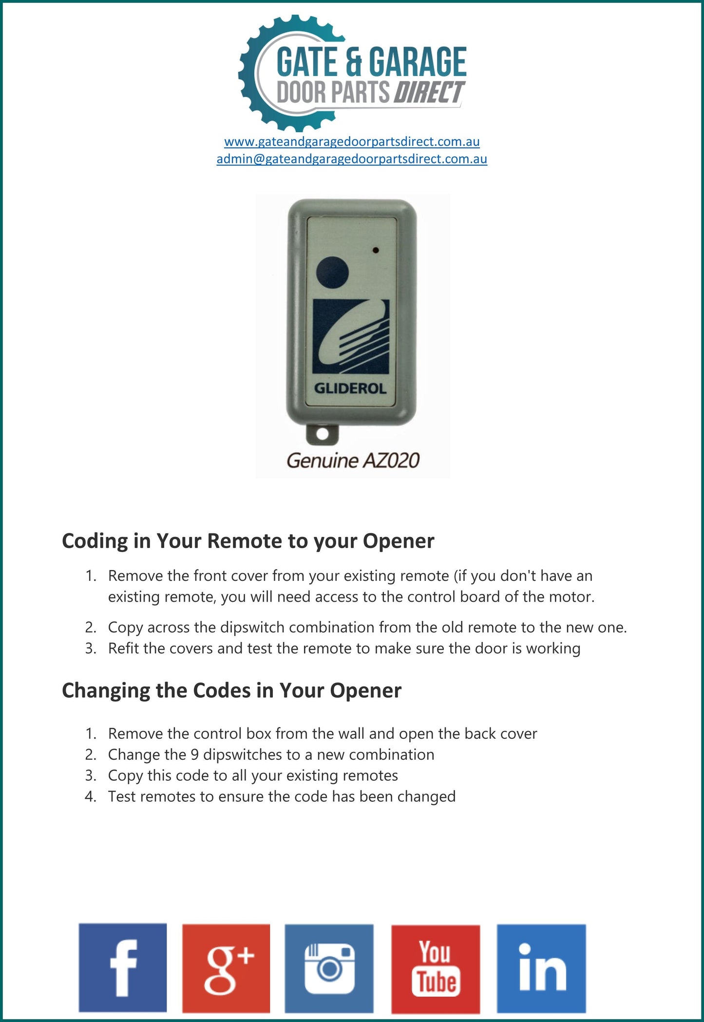 Gliderol AZ020 Remote Coding Instruction