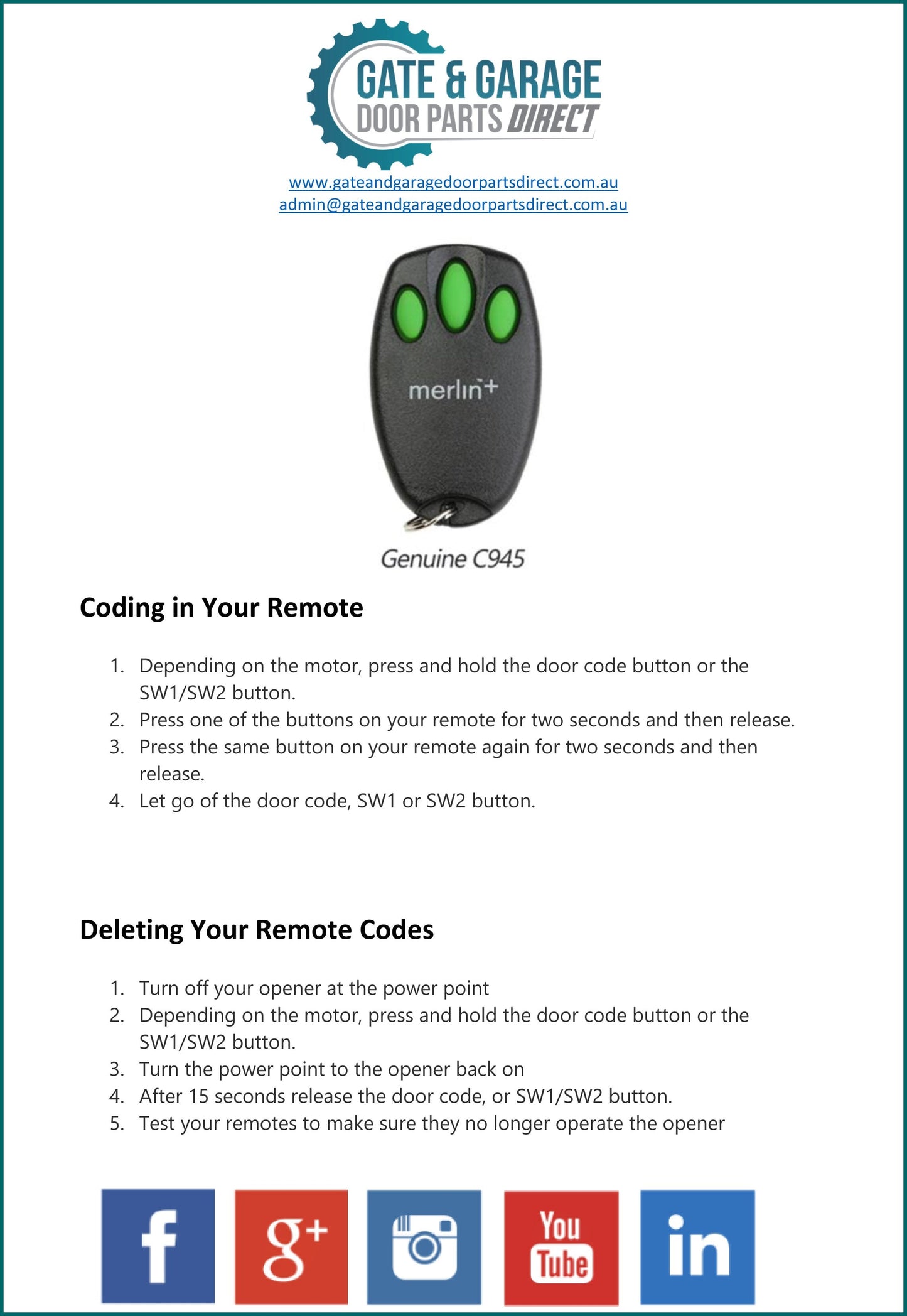 Merlin C945 Remote Coding Instruction