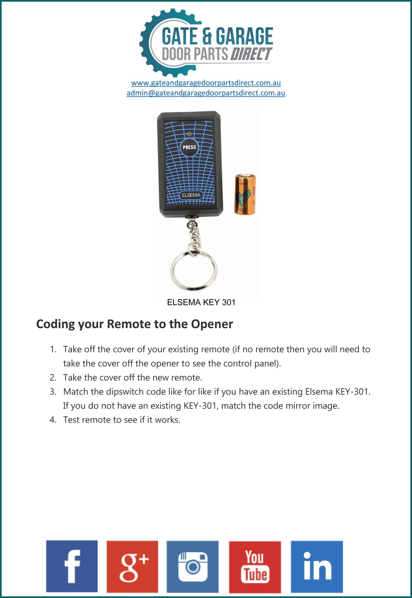 Elsema Key 301 Remote Coding Instruction