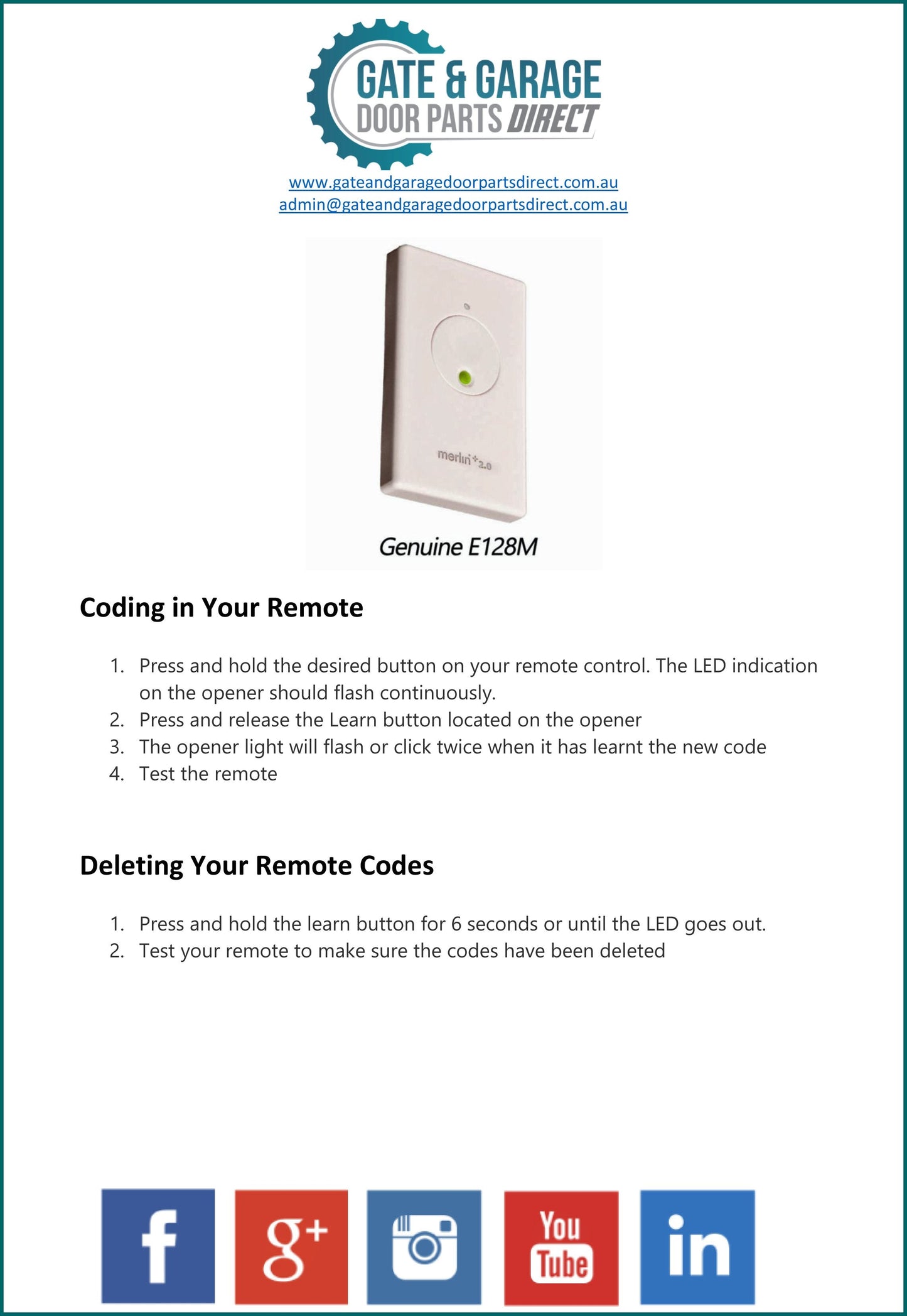 Merlin E128M Remote Coding Instruction