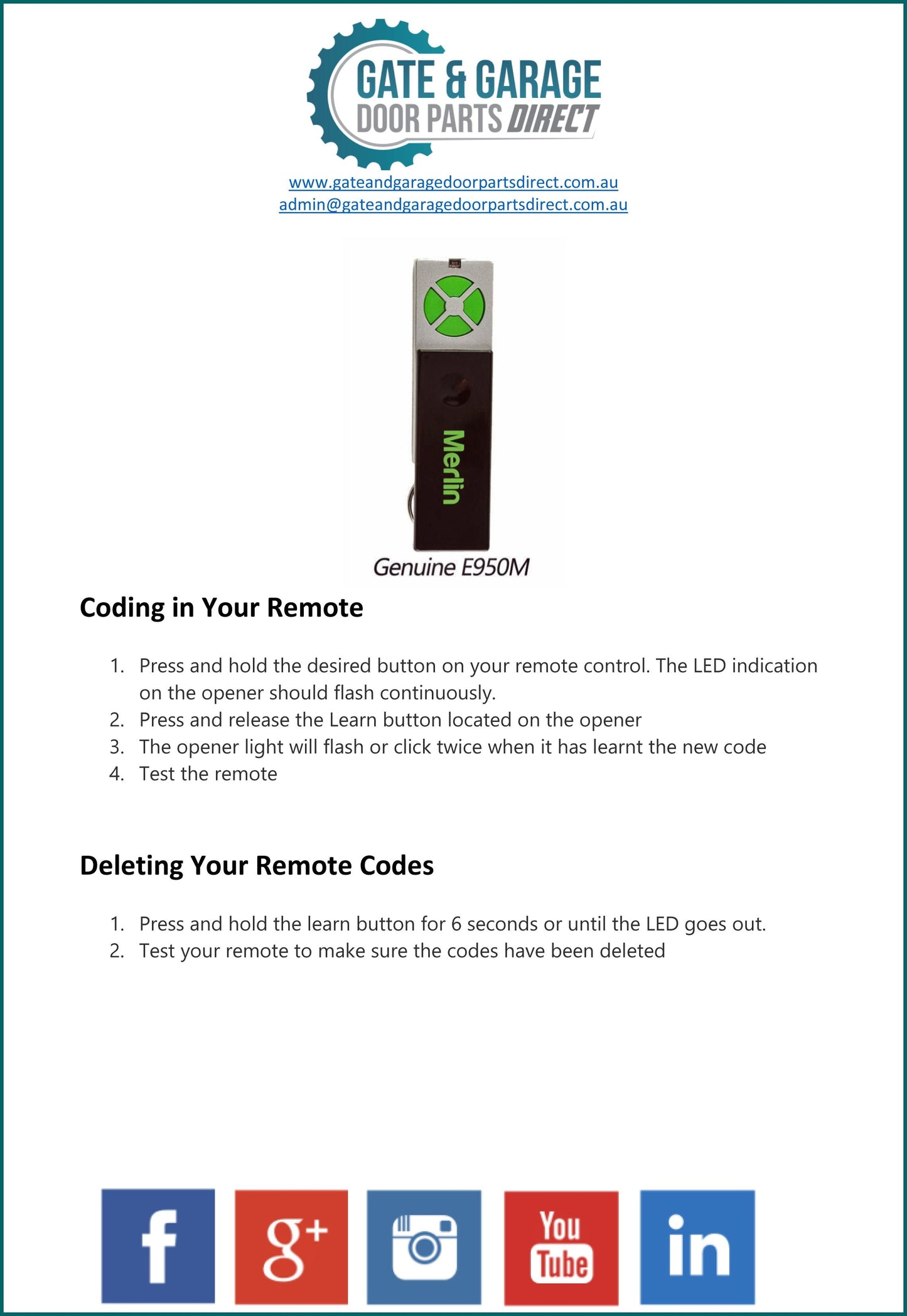 Merlin E950M Remote Coding Instruction