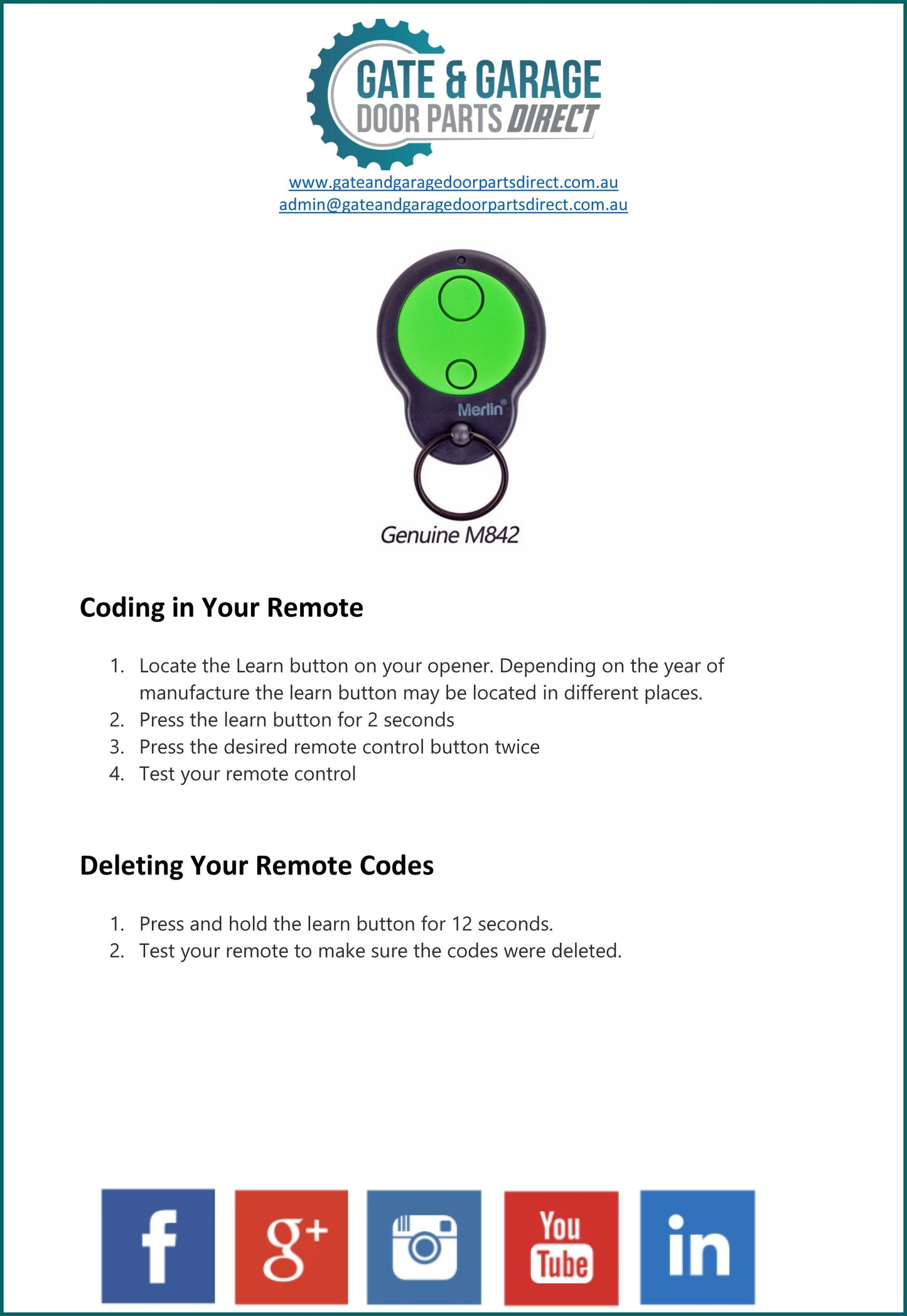 Merlin M842 Remote Coding Instruction