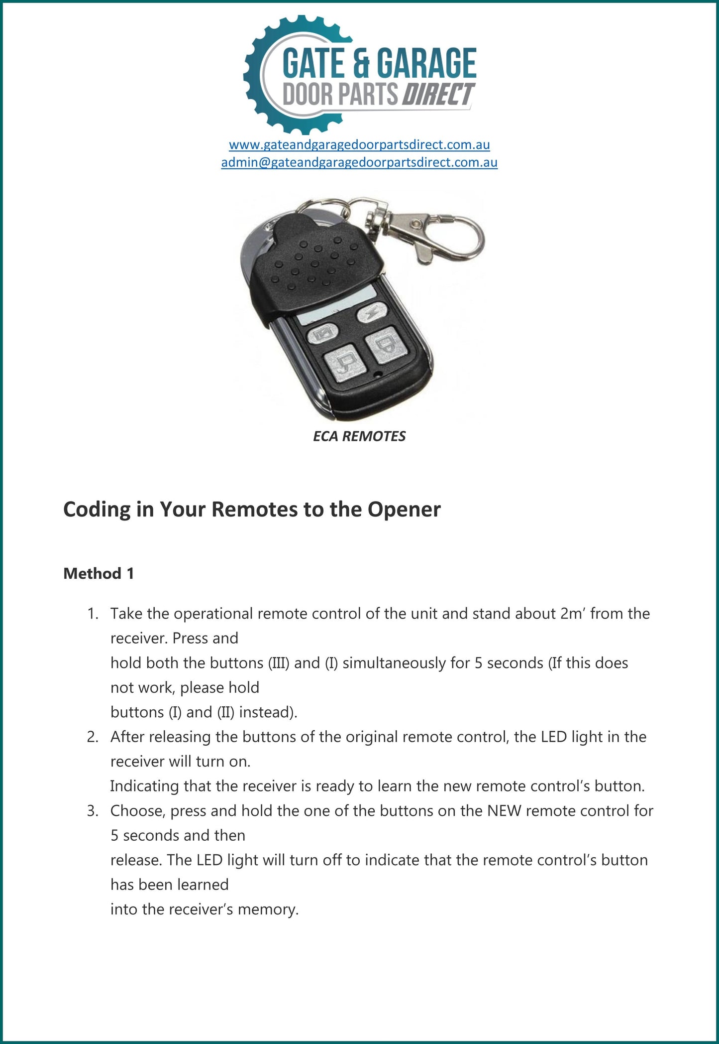 ECA Remote Coding Instruction